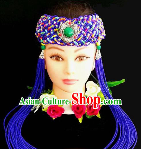 Chinese Traditional Mongol Nationality Weave Royalblue Tassel Hair Clasp Mongolian Ethnic Dance Headband Accessories for Women