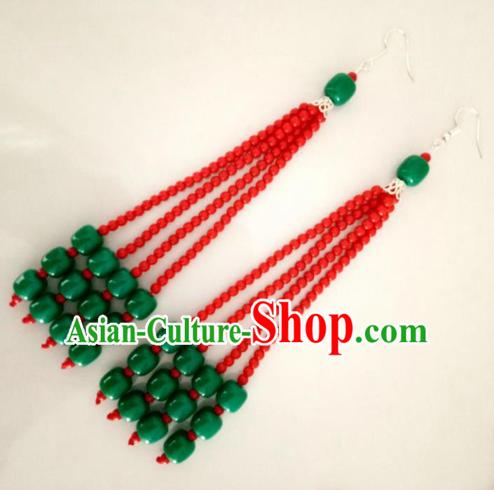 Chinese Traditional Mongol Nationality Red Beads Earrings Mongolian Ethnic Ear Accessories for Women