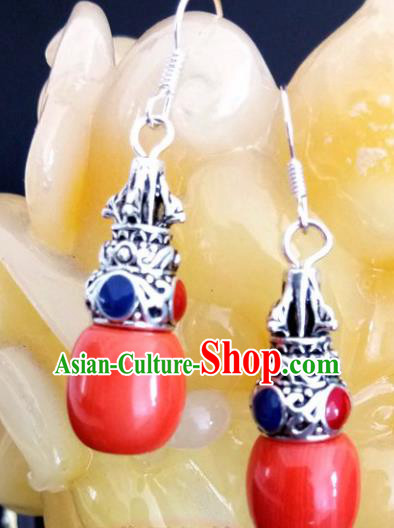 Chinese Traditional Mongol Nationality Red Stone Earrings Mongolian Ethnic Ear Accessories for Women