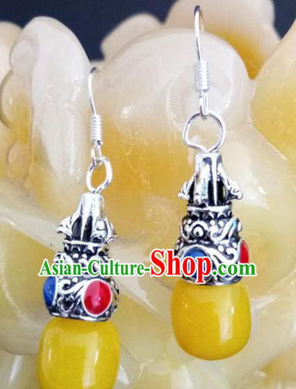 Chinese Traditional Mongol Nationality Yellow Stone Earrings Mongolian Ethnic Ear Accessories for Women