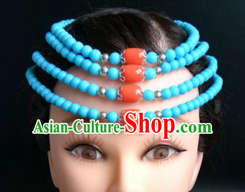 Chinese Traditional Mongol Nationality Blue Beads Hair Clasp Mongolian Ethnic Dance Headband Accessories for Women