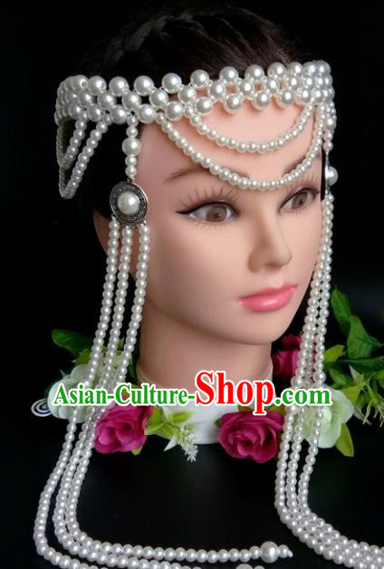 Chinese Traditional Mongol Nationality White Beads Tassel Hair Clasp Mongolian Ethnic Dance Headband Accessories for Women