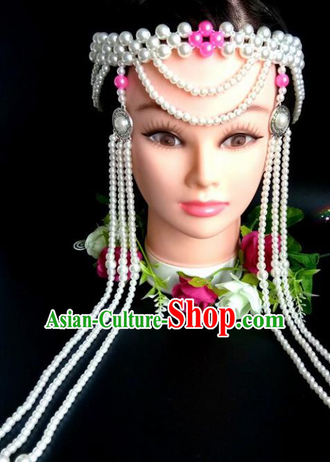 Chinese Traditional Mongol Nationality Rosy Beads Hair Clasp Mongolian Ethnic Dance Tassel Headband Accessories for Women