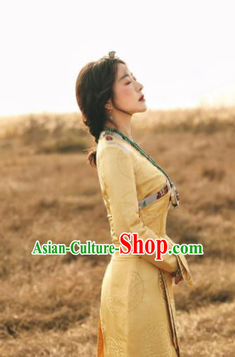 Chinese Traditional Zang Nationality Female Yellow Silk Dress Tibetan Robe Ethnic Dance Costume for Women