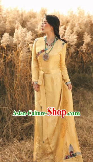 Chinese Traditional Zang Nationality Female Yellow Silk Dress Tibetan Robe Ethnic Dance Costume for Women