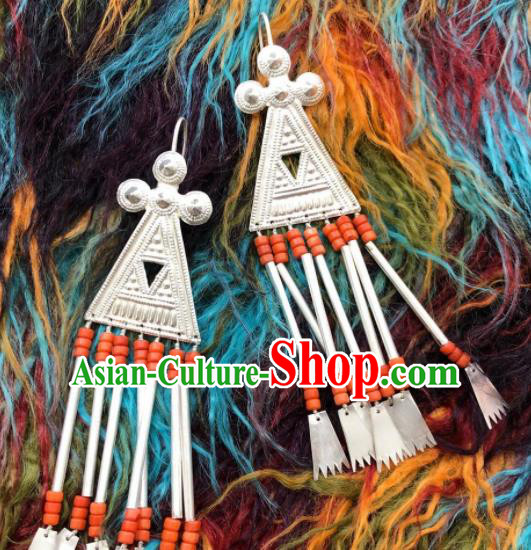 Chinese Traditional Zang Nationality Sliver Tassel Earrings Tibetan Ethnic Ear Accessories for Women