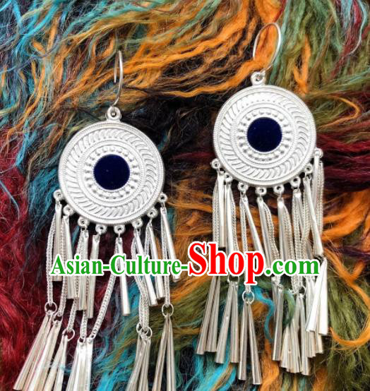 Chinese Traditional Zang Nationality Tassel Earrings Tibetan Ethnic Sliver Ear Accessories for Women