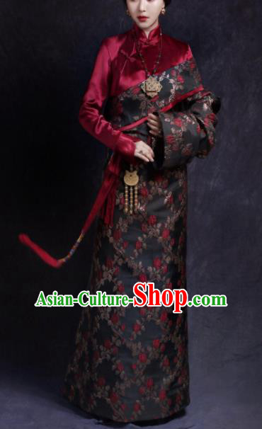 Chinese Traditional Zang Nationality Female Dress Black Tibetan Robe Ethnic Dance Costume for Women