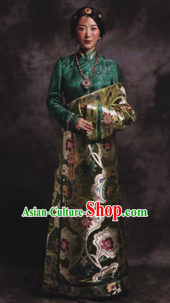 Chinese Traditional Zang Nationality Female Dress Green Tibetan Robe Ethnic Dance Costume for Women