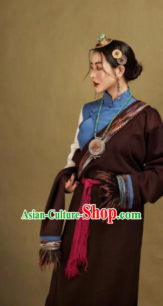 Chinese Traditional Brown Tibetan Robe Zang Nationality Female Dress Ethnic Costume for Women