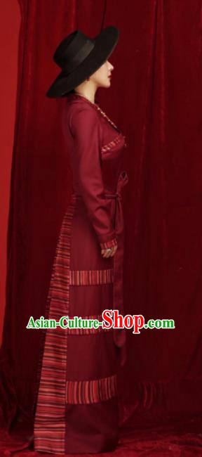 Chinese Traditional Tibetan Robe Zang Nationality Female Wine Red Dress Ethnic Costume for Women