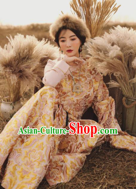 Chinese Traditional Golden Tibetan Robe Zang Nationality Female Dress Ethnic Costume for Women