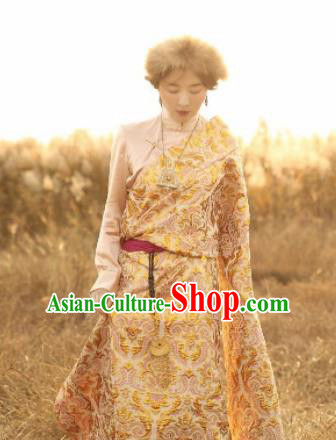 Chinese Traditional Golden Tibetan Robe Zang Nationality Female Dress Ethnic Costume for Women