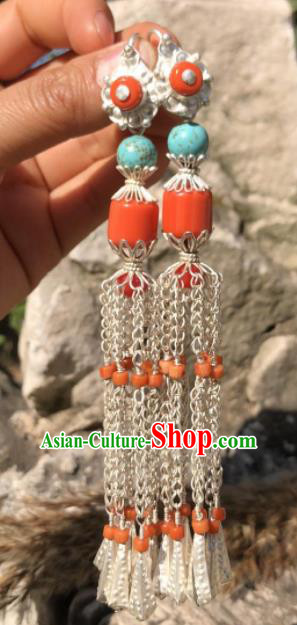 Chinese Traditional Zang Nationality Sliver Earrings Tibetan Ethnic Ear Accessories for Women