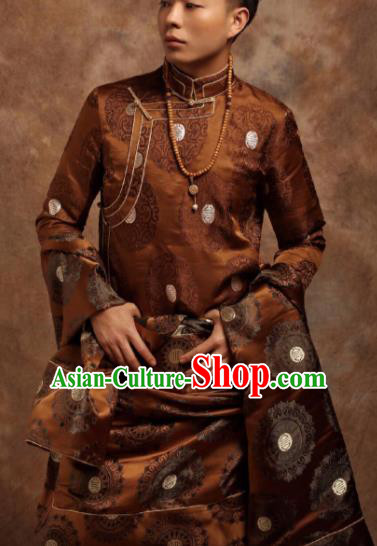 Chinese Traditional Ethnic Bronze Tibetan Robe Zang Nationality Wedding Costume for Men