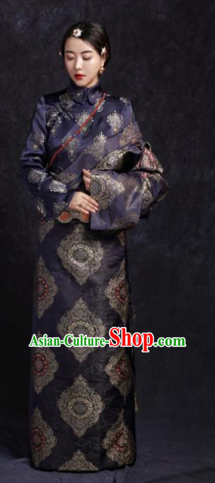 Chinese Traditional Ethnic Navy Tibetan Robe Zang Nationality Female Dress Costume for Women