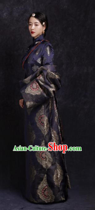 Chinese Traditional Ethnic Navy Tibetan Robe Zang Nationality Female Dress Costume for Women