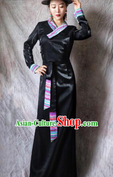 Chinese Traditional Ethnic Tibetan Robe Zang Nationality Female Black Silk Dress Costume for Women