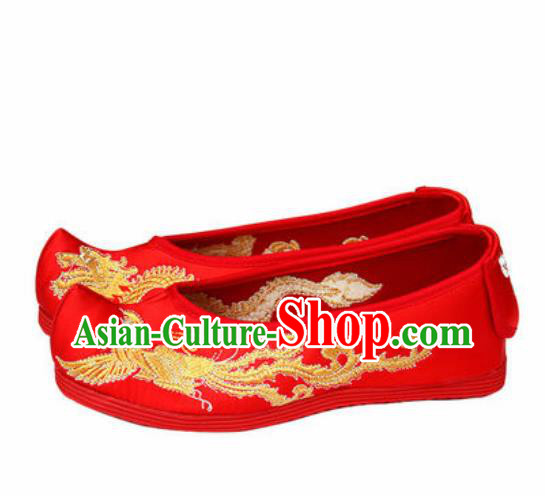 Chinese Traditional Shoes Opera Wedding Red Satin Shoes Hanfu Princess Shoes Embroidered Phoenix Shoes for Women