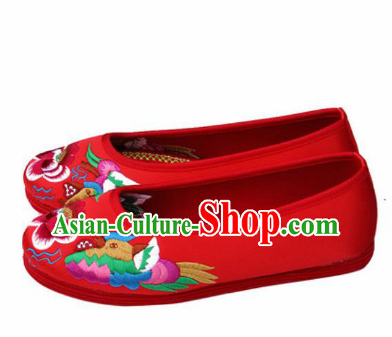 Chinese Traditional Opera Red Satin Shoes Wedding Shoes Hanfu Princess Shoes Embroidered Mandarin Duck Shoes for Women