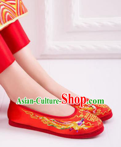 Chinese Traditional Opera Red Satin Shoes Wedding Shoes Hanfu Princess Shoes Embroidered Dragon Phoenix Shoes for Women