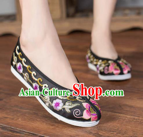 Chinese Embroidered Plum Shoes Traditional Opera Black Satin Shoes Wedding Shoes Hanfu Princess Shoes for Women