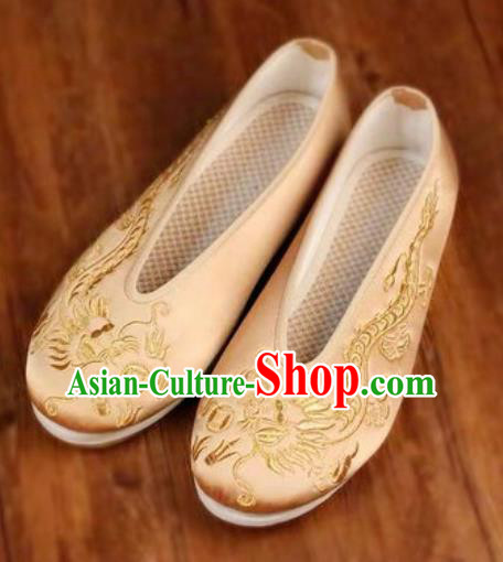 Chinese Embroidered Dragons Shoes Traditional Opera Golden Satin Shoes Wedding Shoes Hanfu Princess Shoes for Women