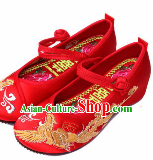 Chinese Traditional Embroidered Phoenix Shoes Opera Red Satin Shoes Wedding Shoes Hanfu Princess Shoes for Women