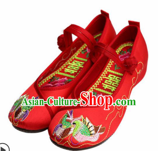 Chinese Traditional Embroidered Mandarin Duck Shoes Opera Red Satin Shoes Wedding Shoes Hanfu Princess Shoes for Women