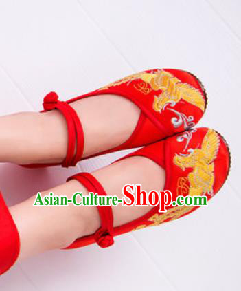 Chinese Traditional Embroidered Phoenix Shoes Opera Red Satin Shoes Wedding Shoes Hanfu Princess Shoes for Women