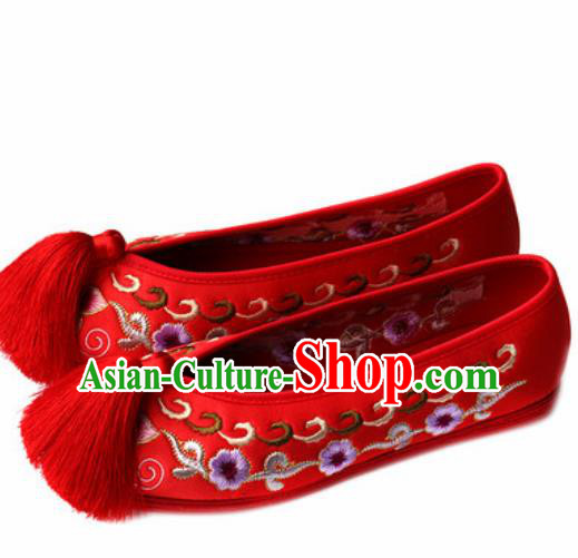 Chinese Traditional Embroidered Plum Shoes Opera Red Satin Shoes Wedding Shoes Hanfu Princess Shoes for Women