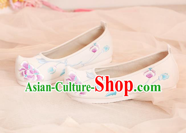 Chinese Traditional Shoes Opera Shoes Hanfu Princess Shoes Embroidered Peony White Shoes for Women