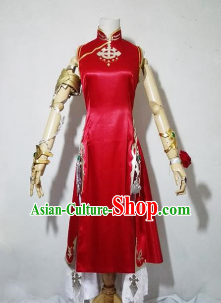 Chinese Traditional Cosplay Female Knight Costume Ancient Swordsman Red Qipao Dress for Women