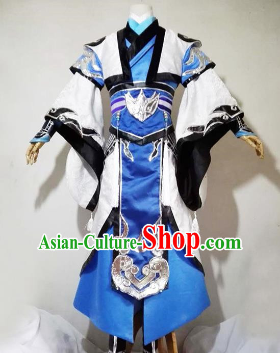 Chinese Traditional Cosplay Royal Highness Blue Costume Ancient Swordsman Hanfu Clothing for Men