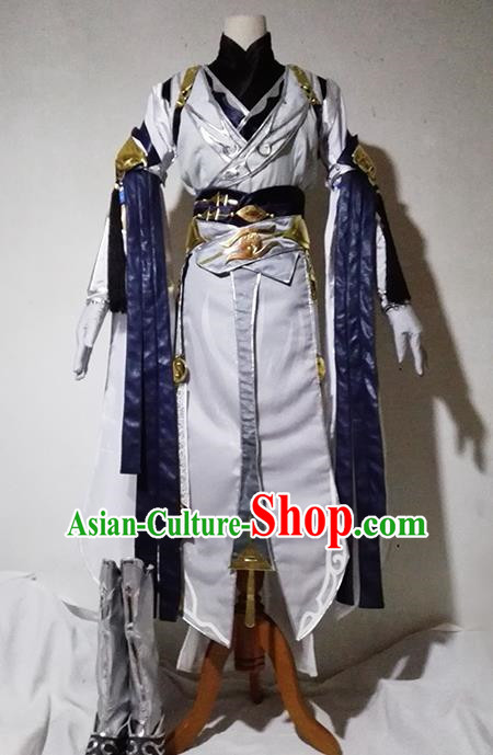 Chinese Traditional Cosplay Taoist Priest White Costume Ancient Swordsman Hanfu Clothing for Men