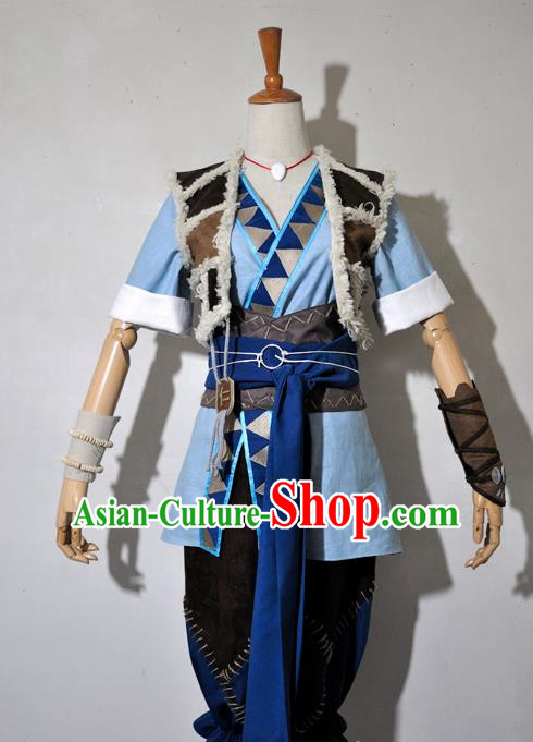 Chinese Traditional Cosplay Young Knight Blue Costume Ancient Swordsman Hanfu Clothing for Men