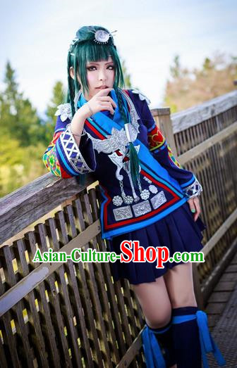 Chinese Traditional Cosplay Young Lady Costume Ancient Female Swordsman Navy Blue Dress for Women