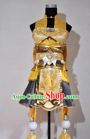 Top Grade Cosplay Fairy Witch Costume Ancient Female Swordsman Golden Dress for Women