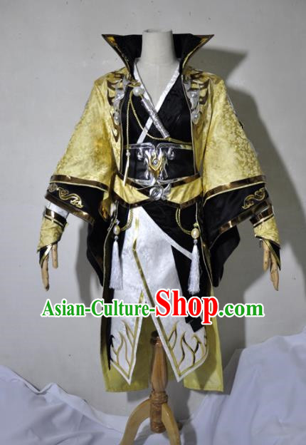 Chinese Traditional Cosplay Royal Highness Young Knight Golden Costume Ancient Swordsman Hanfu Clothing for Men