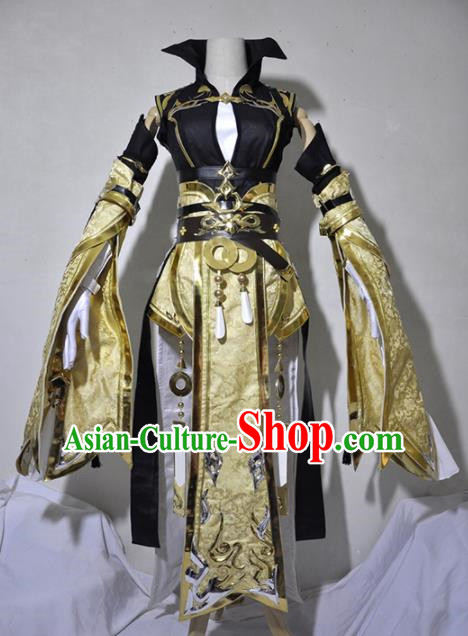 Chinese Traditional Cosplay Knight Costume Ancient Queen Swordsman Golden Dress for Women