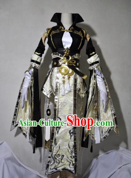 Chinese Traditional Cosplay Knight Costume Ancient Queen Swordsman Light Golden Dress for Women