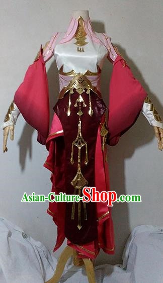 Chinese Traditional Cosplay Knight Costume Ancient Fairy Swordsman Wine Red Dress for Women