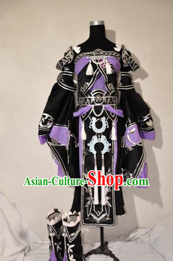 Chinese Traditional Cosplay Princess Knight Purple Costume Ancient Fairy Swordsman Dress for Women