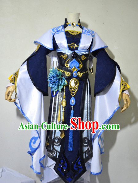 Chinese Traditional Cosplay Princess Knight Navy Blue Costume Ancient Fairy Swordsman Dress for Women