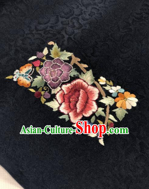 Traditional Chinese Embroidered Peony Black Silk Fabric Classical Pattern Design Brocade Fabric Asian Satin Material