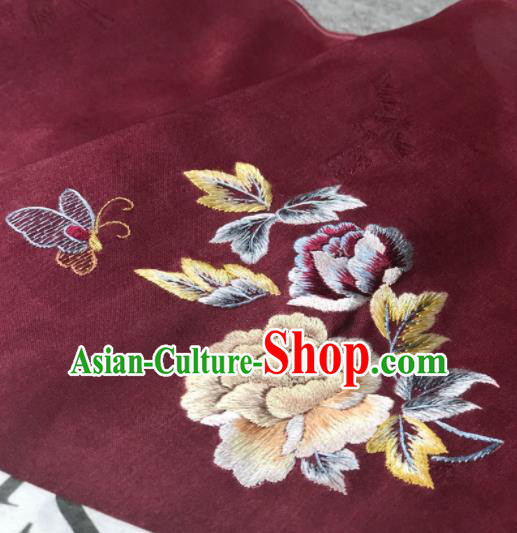 Traditional Chinese Embroidered Peony Wine Red Silk Fabric Classical Pattern Design Brocade Fabric Asian Satin Material