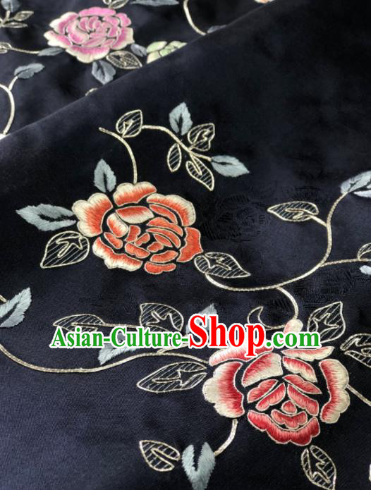 Traditional Chinese Embroidered Peony Flowers Black Silk Fabric Classical Pattern Design Brocade Fabric Asian Satin Material