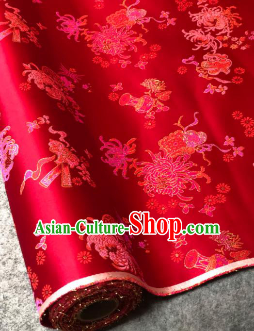 Traditional Chinese Embroidered Wine Red Silk Fabric Classical Chrysanthemum Pattern Design Brocade Fabric Asian Satin Material