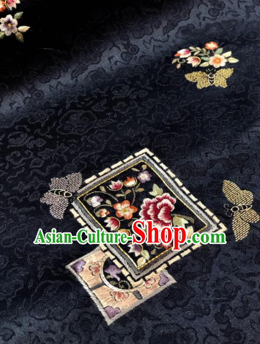 Traditional Chinese Embroidered Peony Butterfly Black Silk Fabric Classical Pattern Design Brocade Fabric Asian Satin Material