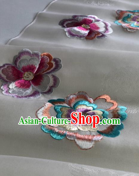 Traditional Chinese Embroidered Flowers White Silk Fabric Classical Pattern Design Brocade Fabric Asian Satin Material